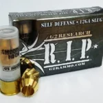 G2 Research R.I.P. Shotshells box with one clear shell and two brass projectiles, front view