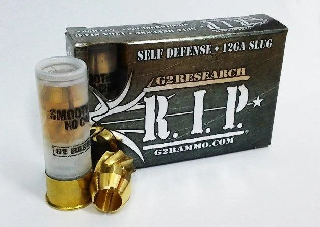 primary-49124 G2 Research R.I.P. Shotshells box with one clear shell and two brass projectiles, front view