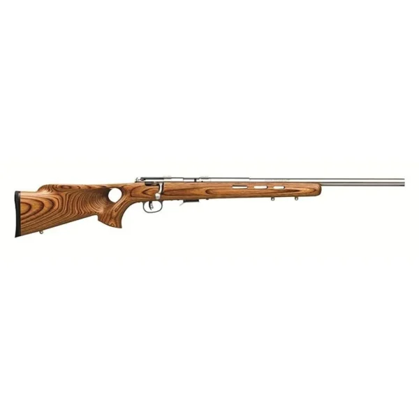 Savage Arms SAV 93R17-BTVS, right-side view with brown laminate stock and silver barrel