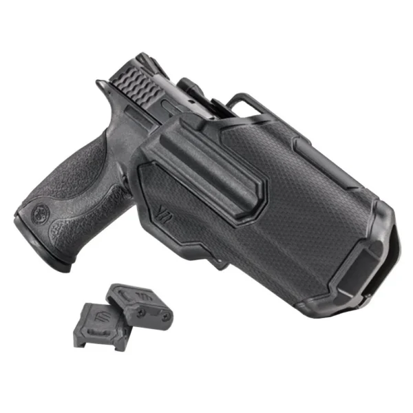 BLACKHAWK BH OMNIVORE L2 HLSTR black left-hand holster holding a handgun, with two small parts