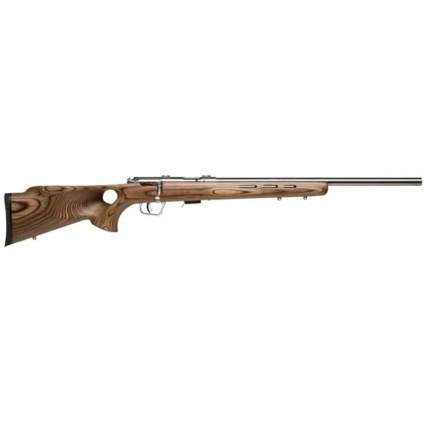 Savage Arms SAV 93 BTVS, right-side view with brown laminate stock and stainless barrel
