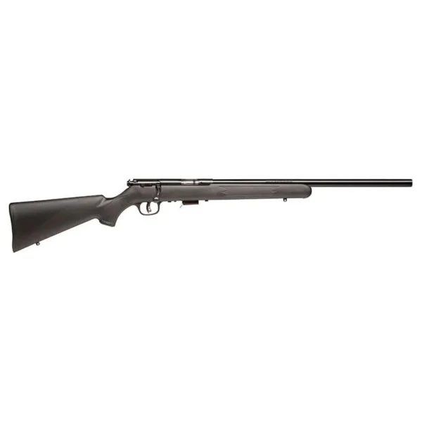 Savage Arms SAV 93R17-FV, black rifle in full right-side view with synthetic stock