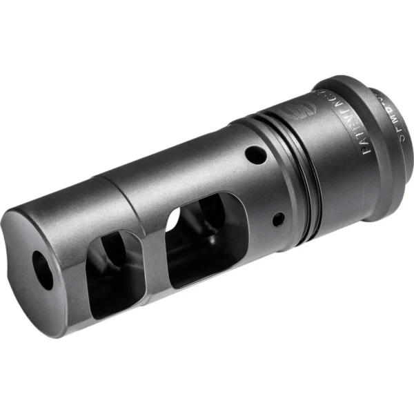 Surefire Muzzle Brake Suppressor Adaptor, black angled view with side ports and threaded end