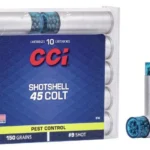 CCI Handgun Shotshells, clear ammunition box with two loose blue-tipped shotshells