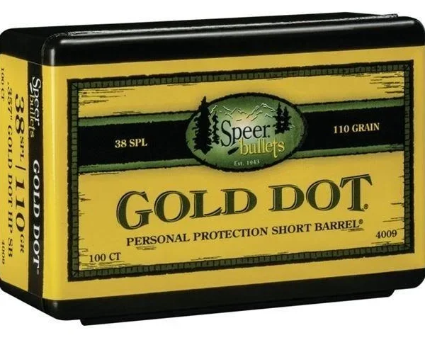 Speer Ammunition SPR GOLD DOT, black and yellow box in front three-quarter view