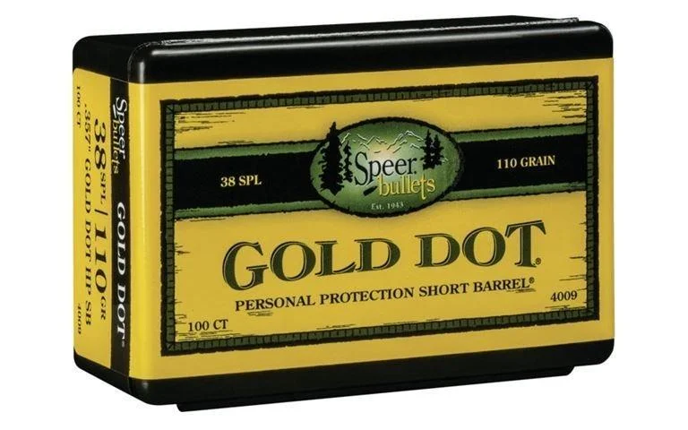 primary-49221 Speer Ammunition SPR GOLD DOT, black and yellow box in front three-quarter view