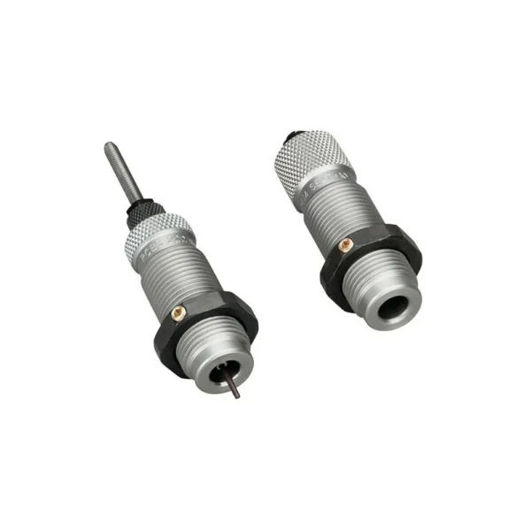 RCBS Full Length Die Set, two grey metal dies in angled view