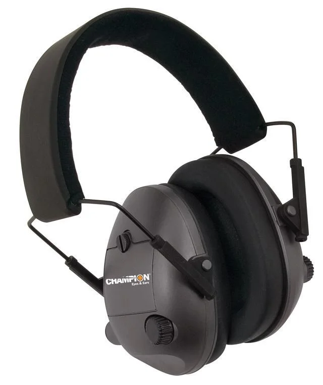 primary-49235 Champion Electronic Ear Muffs, black angled side view with padded headband and large ear cups