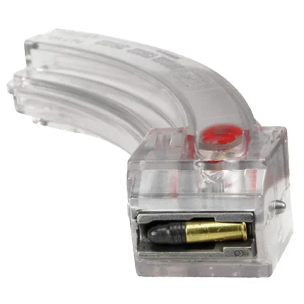 Butler Creek Steel Lips Banana Rifle Magazine, clear curved polymer body with visible cartridge