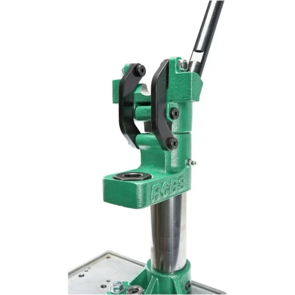RCBS Summit Single Stage Press, green press in front three-quarter view with raised handle