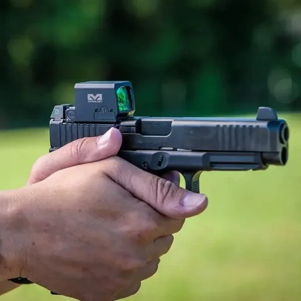 Meprolight MEPRO MPO PRO-F, black optic mounted on a pistol in right-side view