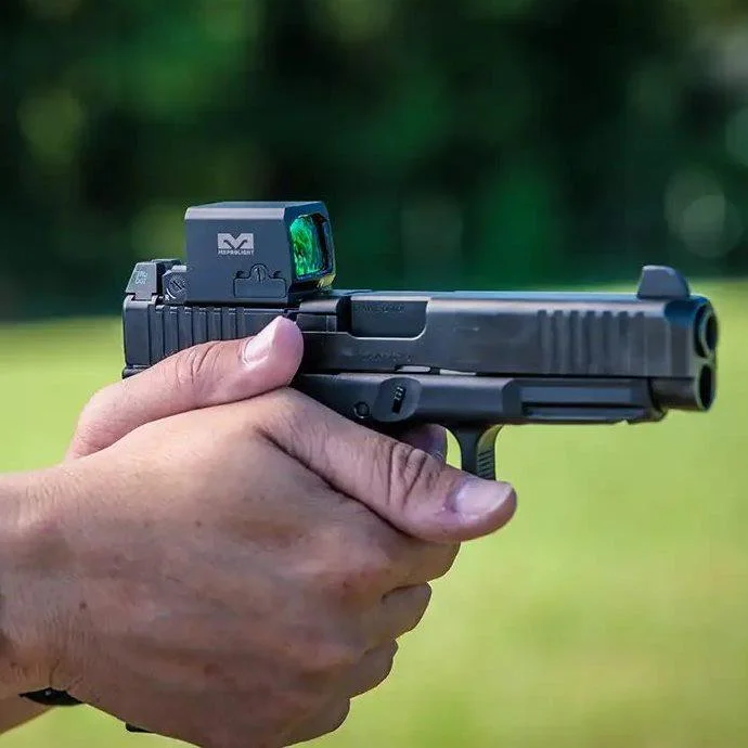 primary-49246 Meprolight MEPRO MPO PRO-F, black optic mounted on a pistol in right-side view
