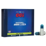CCI Pest Control Handgun Shotshells, blue box with two silver cartridges, front view
