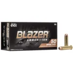 CCI Blazer Brass Handgun Ammunition, black retail box with two brass cartridges beside it