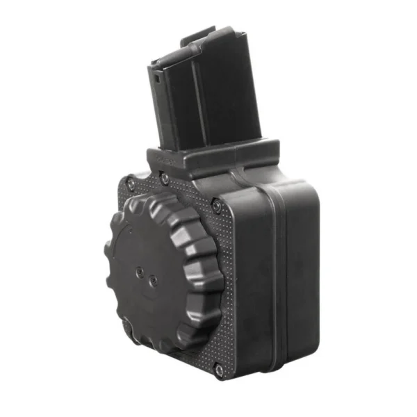 Promag FN Scar 17 Rifle Magazine, black angled view with box-shaped body and large rotary drum