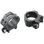 WEAVER 4-HOLE TACT RNG 30MM LOW MATT, two black scope rings shown from angled side views