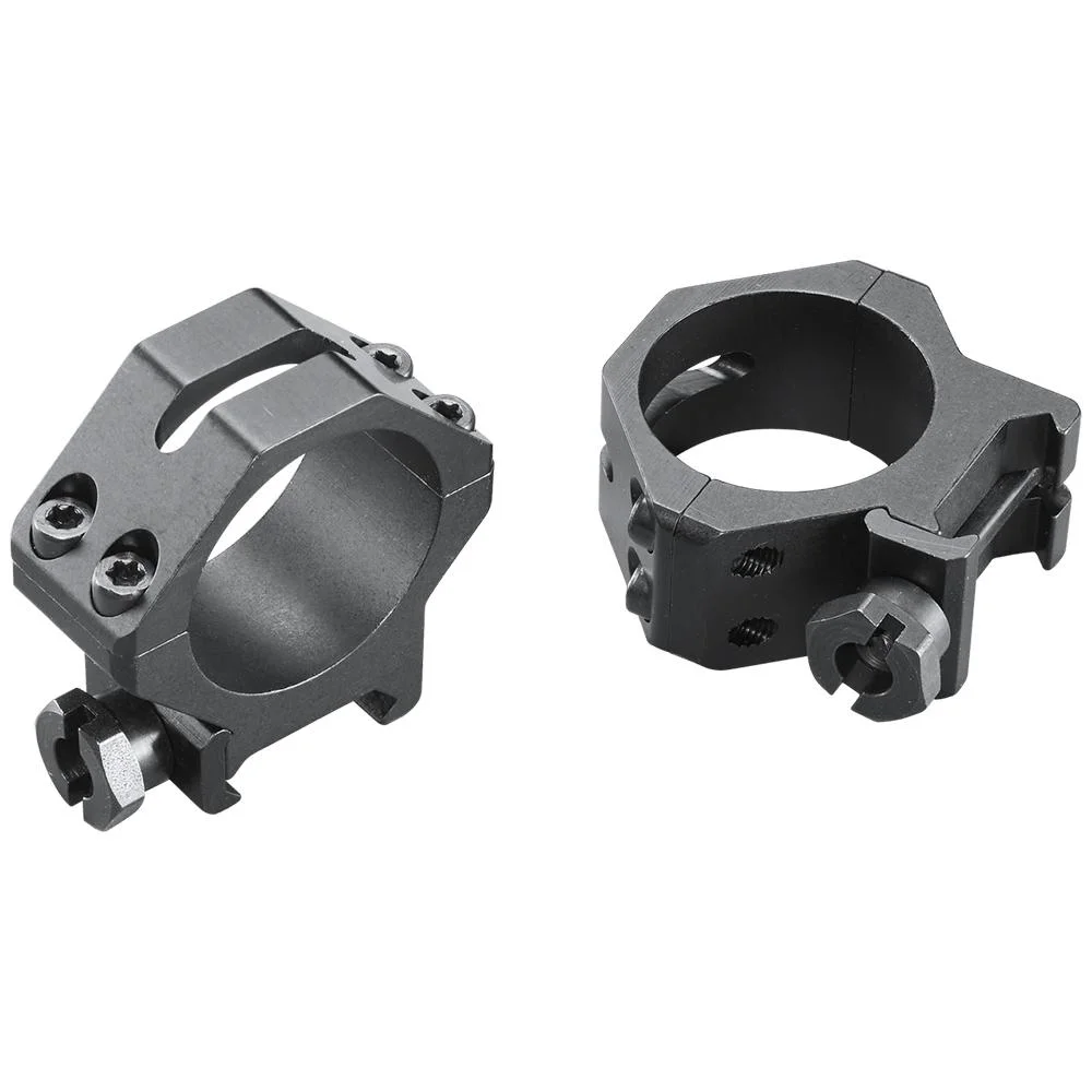 primary-49287 WEAVER 4-HOLE TACT RNG 30MM LOW MATT, two black scope rings shown from angled side views