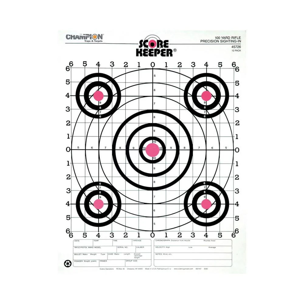 primary-49305 Champion 100YD RFL Sight-In Target, front view with five black bullseyes and pink centers