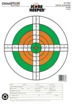 Champion ScoreKPR 25YD Pistol Target, front view with green and orange scoring rings