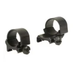 WEAVER TOP MOUNT RNGS, pair of black scope rings in angled view with knobs and extended bases