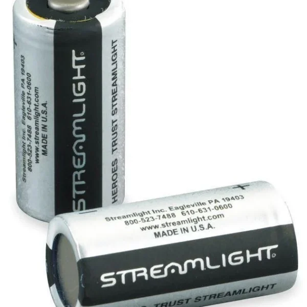 Streamlight CR2 Batteries, two silver and black batteries in angled view