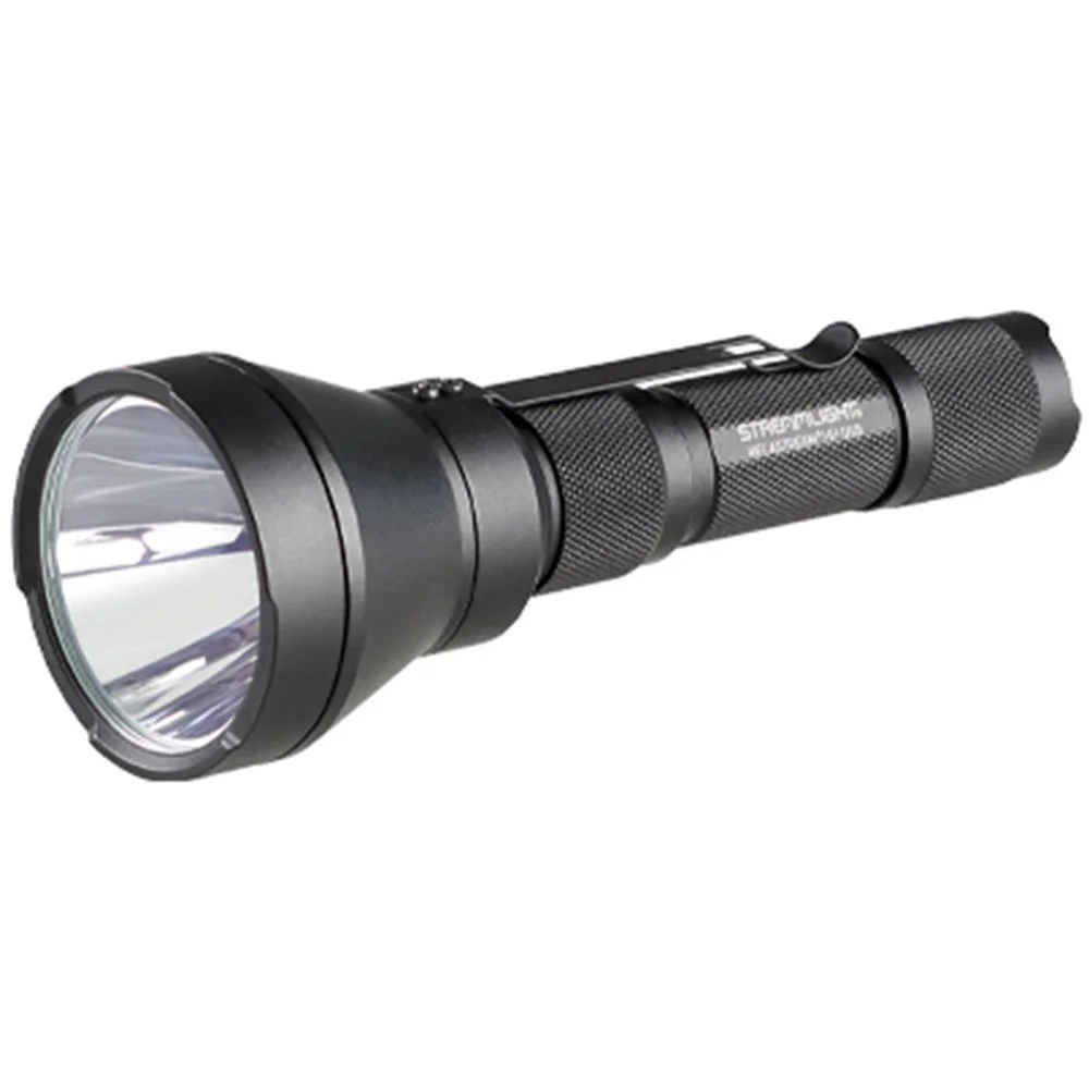 primary-49390 Streamlight MegaStream HP Flashlight, black angled view with wide reflector and pocket clip