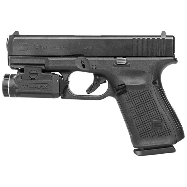 Streamlight TLR-3 X black handgun light, left-side view mounted beneath a pistol barrel