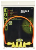 3M Peltor Sport Banded Hearing Protection, front package view with orange band and yellow earplugs