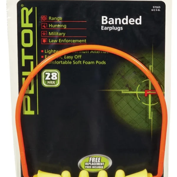 3M Peltor Sport Banded Hearing Protection, front package view with orange band and yellow earplugs