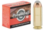 CORBON POW'RBALL, red and black ammunition box beside a brass cartridge with rounded bullet