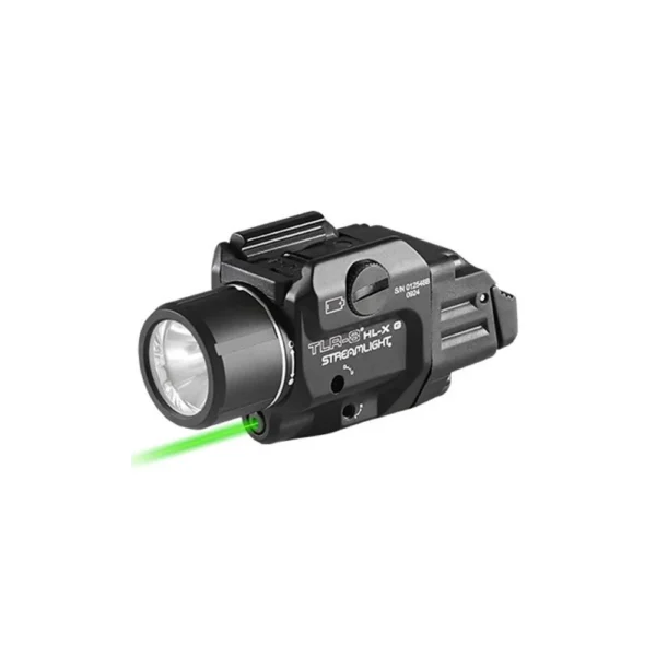 Streamlight TLR-8 HL-X Green Handgun Weapon Light, black angled view with lamp and green laser