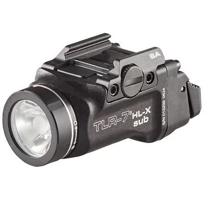 primary-49511 Streamlight TLR-7 HL-X Sub USB Weapon Light, angled front view in black with mounting rail