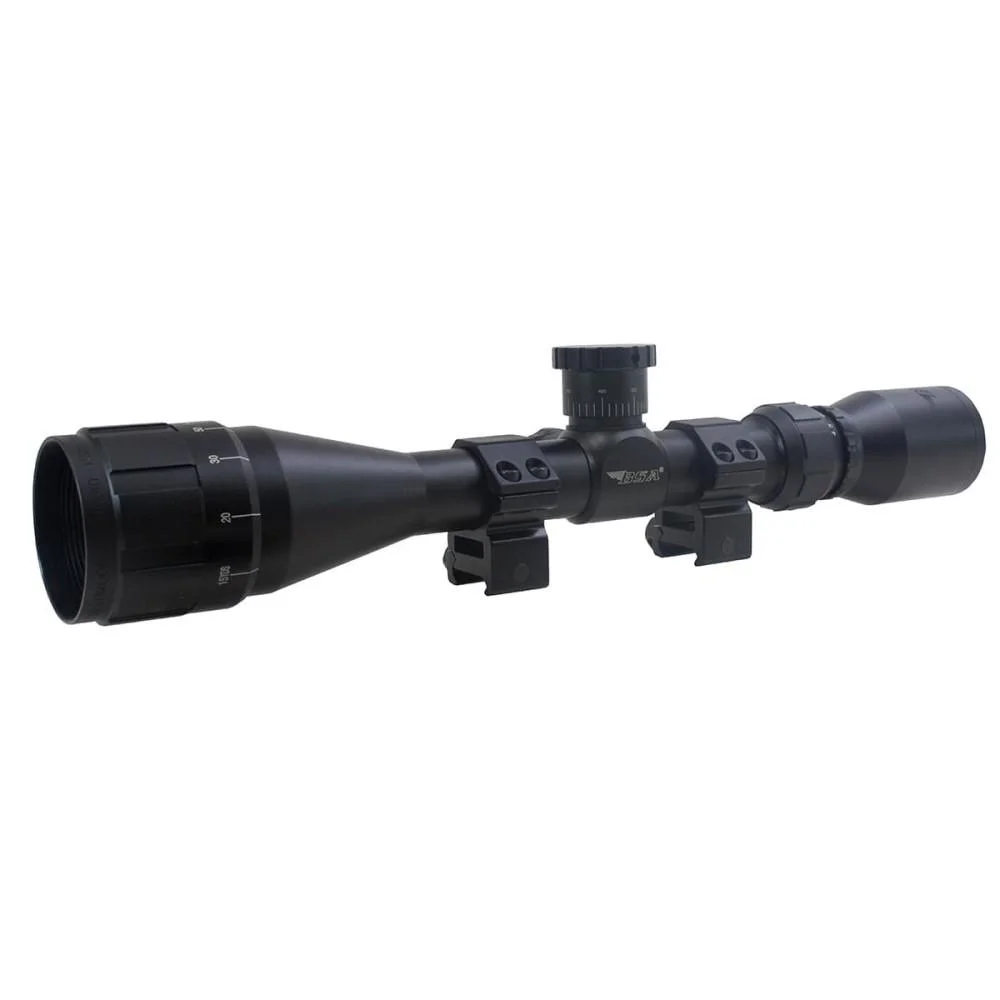primary-49521 BSA SWEET 22 black riflescope, side view with adjustment turrets, rings and lens covers