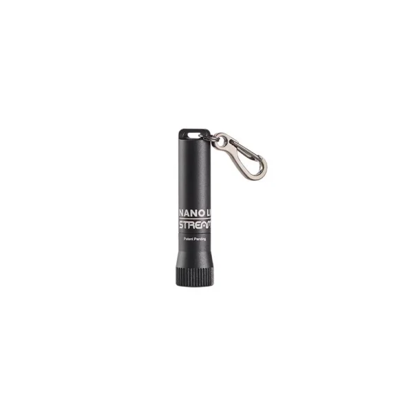 Streamlight STRMLGHT NANO II black cylindrical light with keyring clip, front three-quarter view