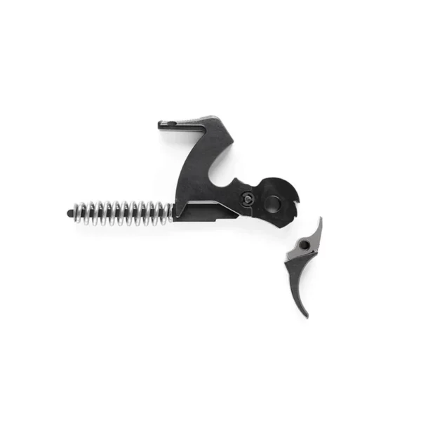 Timney Marlin 336/1894/1895 trigger, black side view with hammer, curved trigger and spring