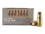 Corbon 357SIG 115GR JHP, tan ammunition box with two brass cartridges