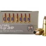 Corbon 357SIG 115GR JHP, tan ammunition box with two brass cartridges