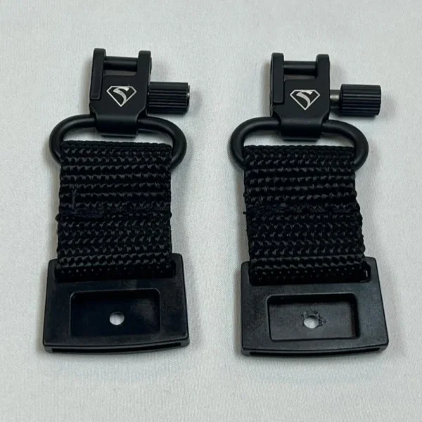 Sticky Holsters MRS Sling Stud Dongle, front view of two black woven strap attachments
