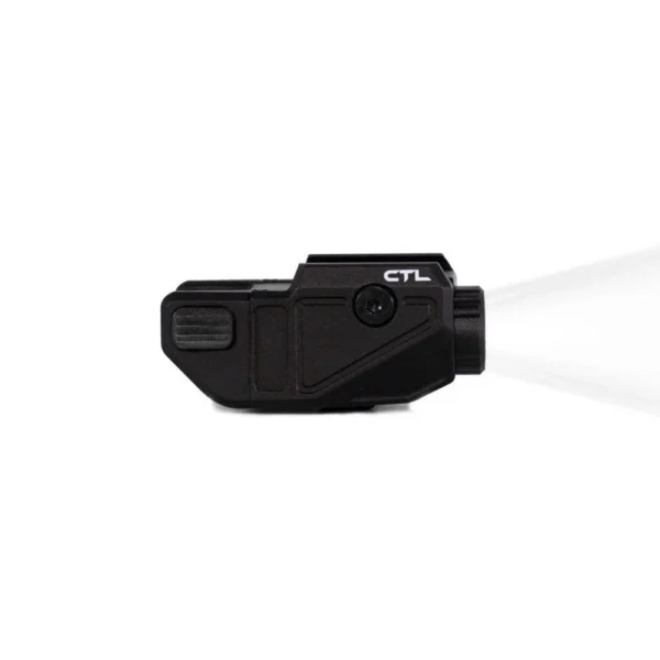 Viridian Custom CTL, black tactical light in side view with white beam graphic