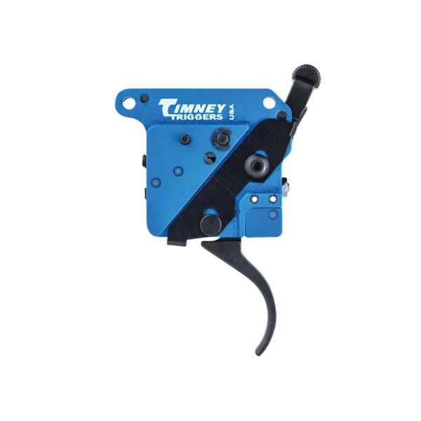 TIMNEY TRIG REM 700 2 STAGE RH BLK blue and black trigger assembly, side view with curved trigger