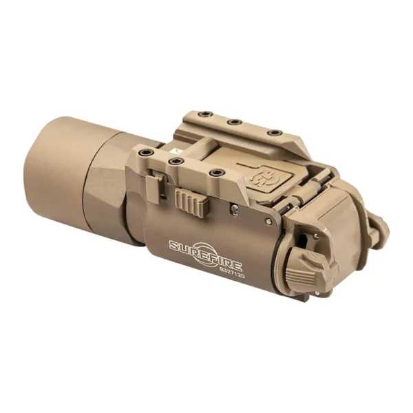 SUREFIRE X300U-A, tan weapon light in angled side view with mounting controls and round bezel