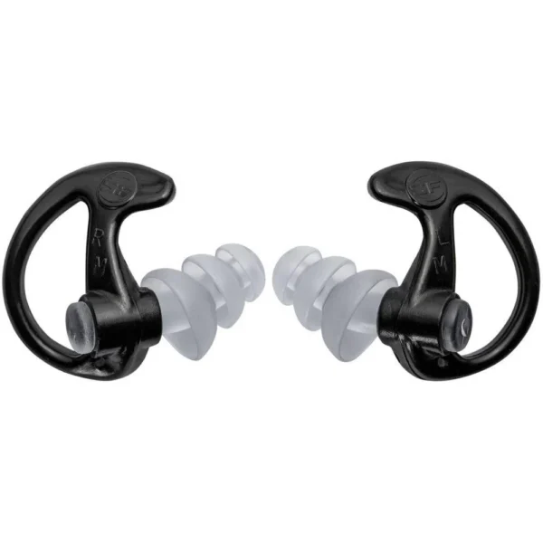 SUREFIRE SONIC DFNDR MAX, black earplugs with clear triple-flange tips, front view