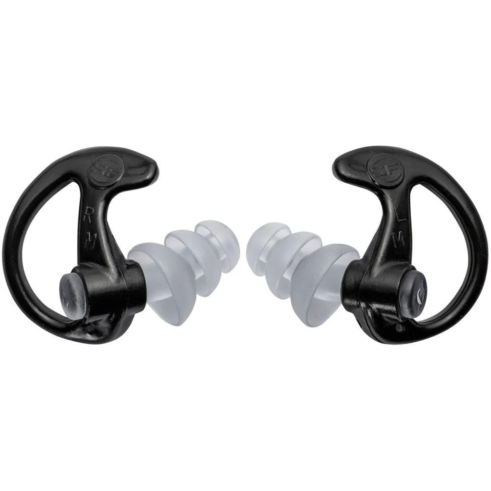 primary-49608 SUREFIRE SONIC DFNDR MAX, black earplugs with clear triple-flange tips, front view