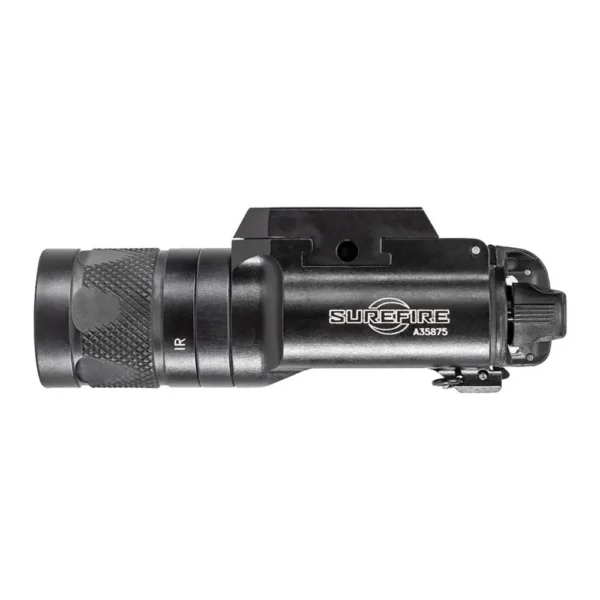 Surefire X300V-B, black weapon light in side view with textured bezel and T-slot mount