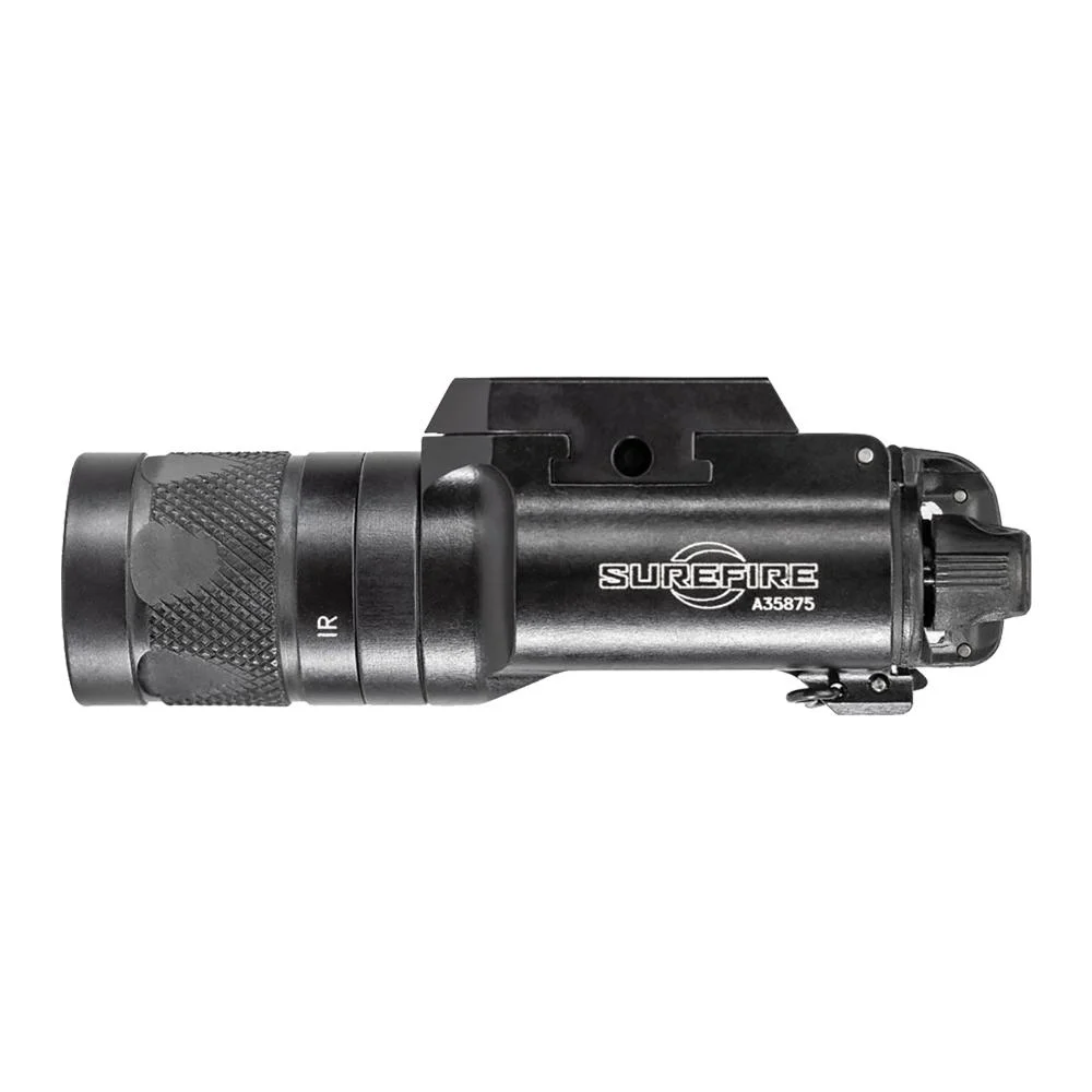 primary-49609 Surefire X300V-B, black weapon light in side view with textured bezel and T-slot mount