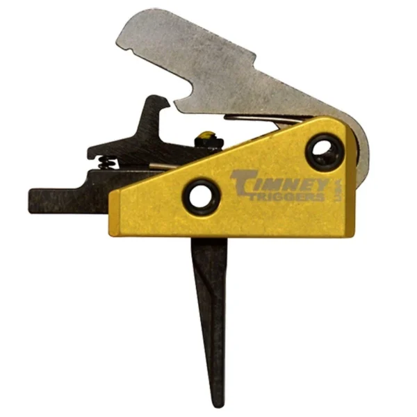 Timney AR15 Competition Straight Trigger, side view with gold housing and black straight trigger