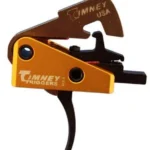 Timney Trigger Fits AR10, gold and black side view with solid curved trigger