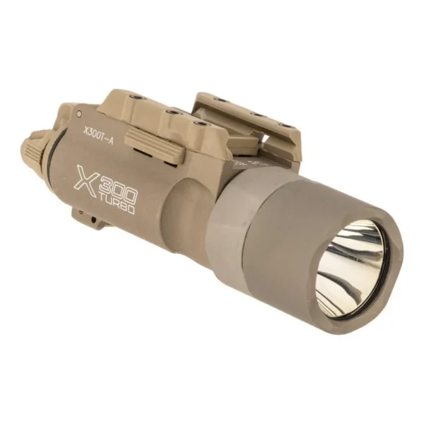 SureFire X300U Turbo Rail-Lock tan weapon light, angled view with mounting hardware