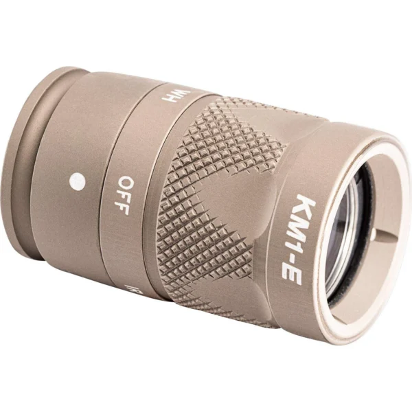 Surefire KM1 Infrared & White Light Bezel, tan angled view with knurled ring, markings and lens