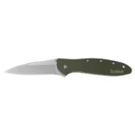 Kershaw Leek folding knife, olive handle and silver drop point blade in right-side view